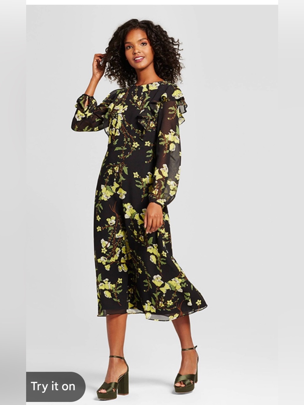 Who What Wear Black Midi Dress with Yellow-Green Floral Print